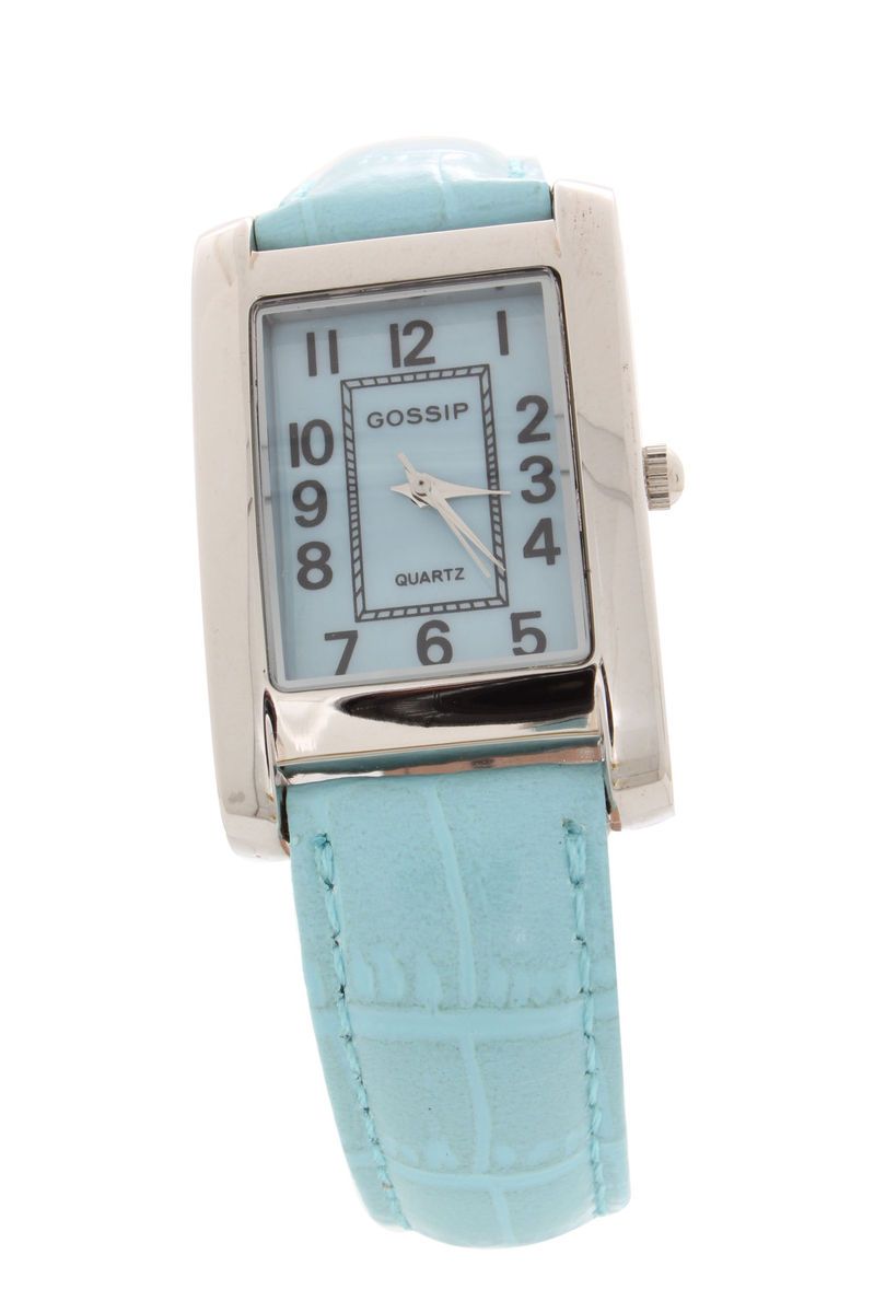 Gossip Silvertone Rectangle Case Pastel Color Light Blue Strap Watch