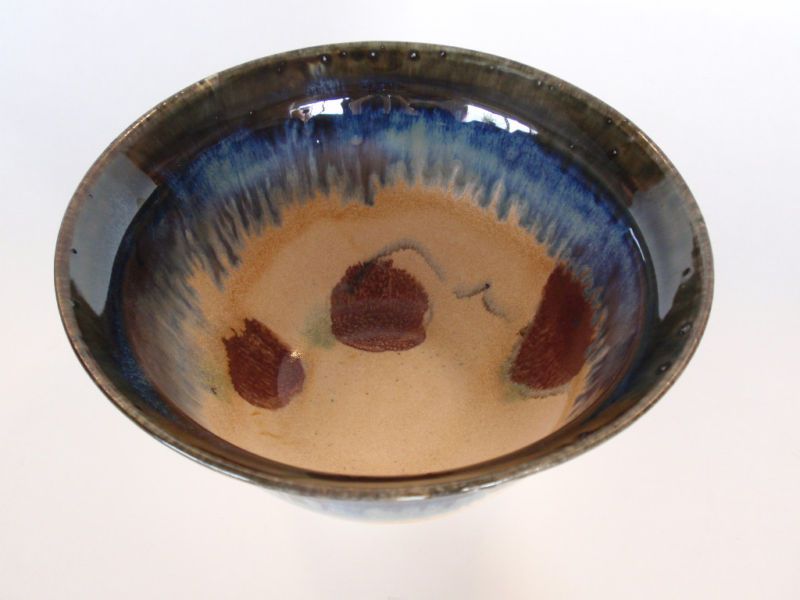 Hand Crafted Studio Blue Drip Pottery Bowl Heidi Signed