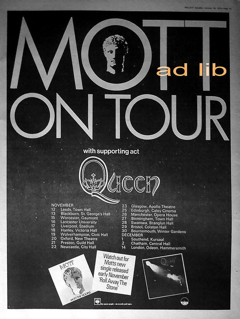 MOTT THE HOOPLE WITH SUPPORT ACT QUEEN UK TOUR POSTER SIZE ADVERT 1973