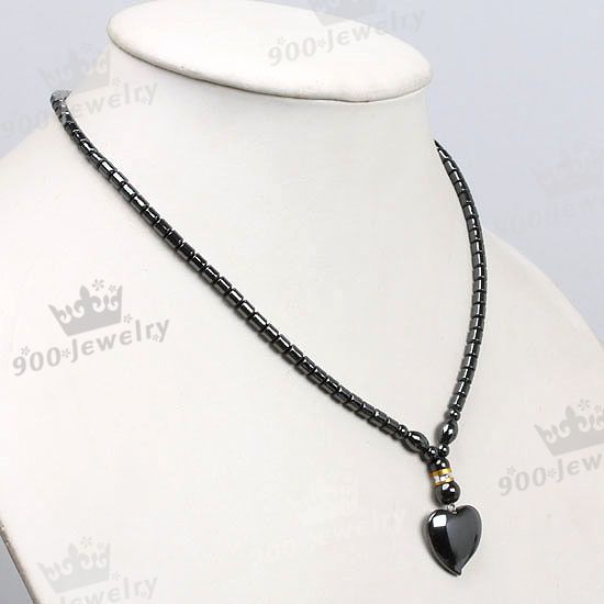 Black Hematite Column Bead Heart Shape Pendant Necklace