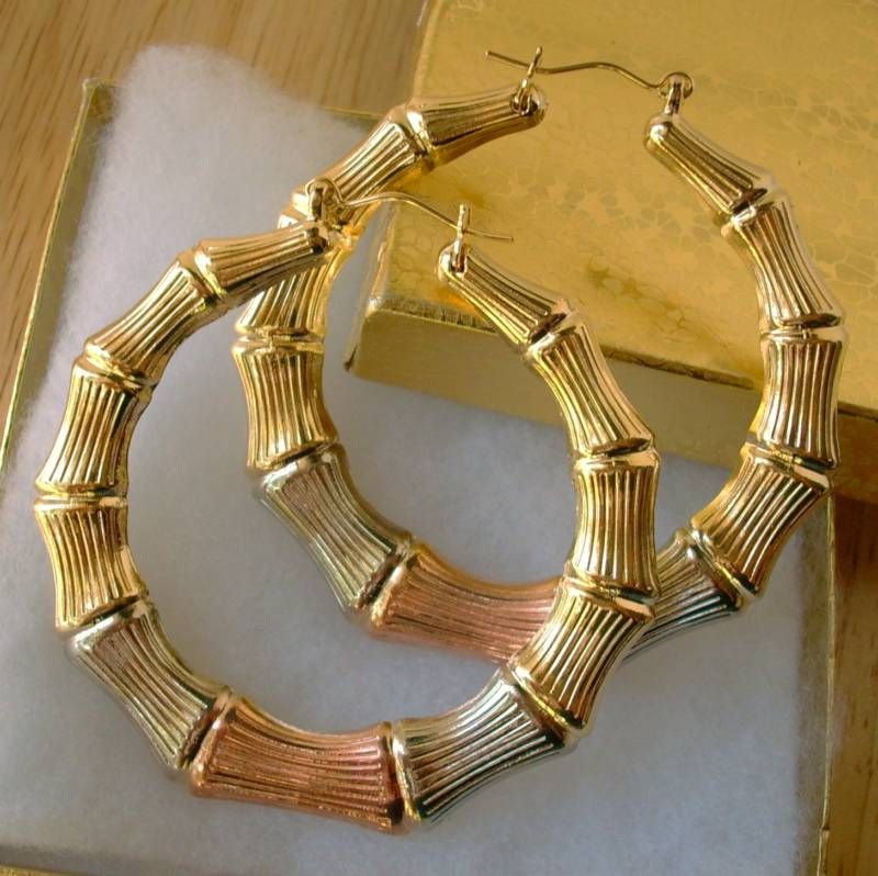  Gold Filled 2 in 1 Big Bamboo Double Sided Hoop Earrings 2 5 D
