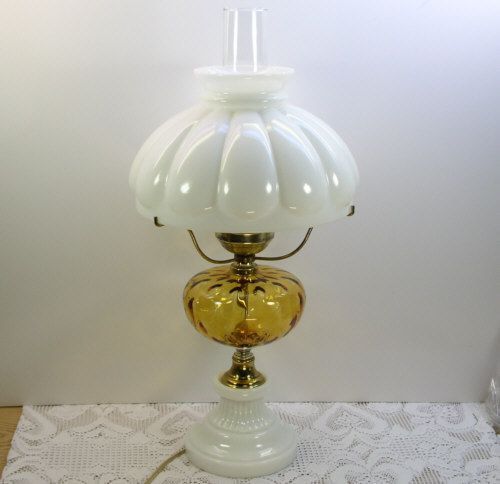   Optic White Milk Glass Electric Hurricane Table Lamp w Melon Shade