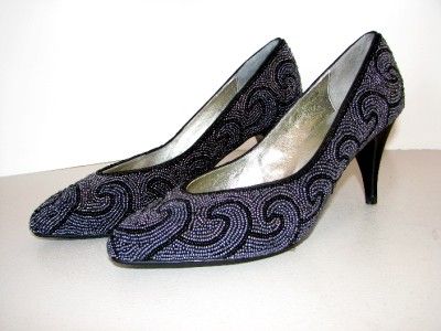 Designer Impo Silver Black Satin Swirl Beaded 3 High Heel Shoes Pumps
