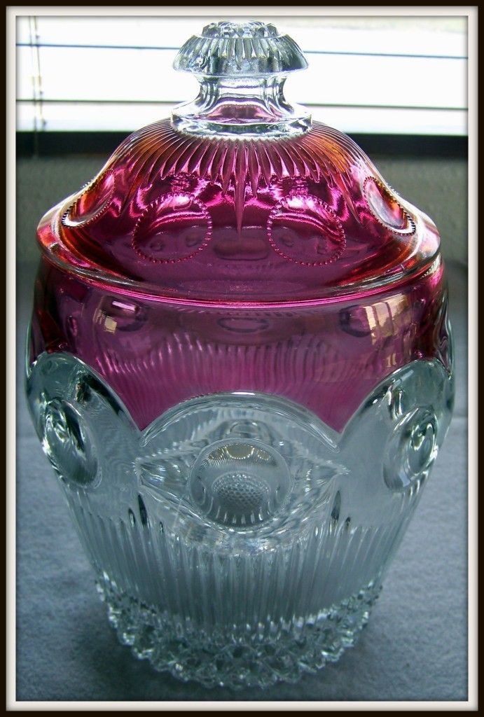 CRACKER JAR W/ LID IN THE MANHATTAN CRANBERRY FLASH PATTERN BY TIFFIN