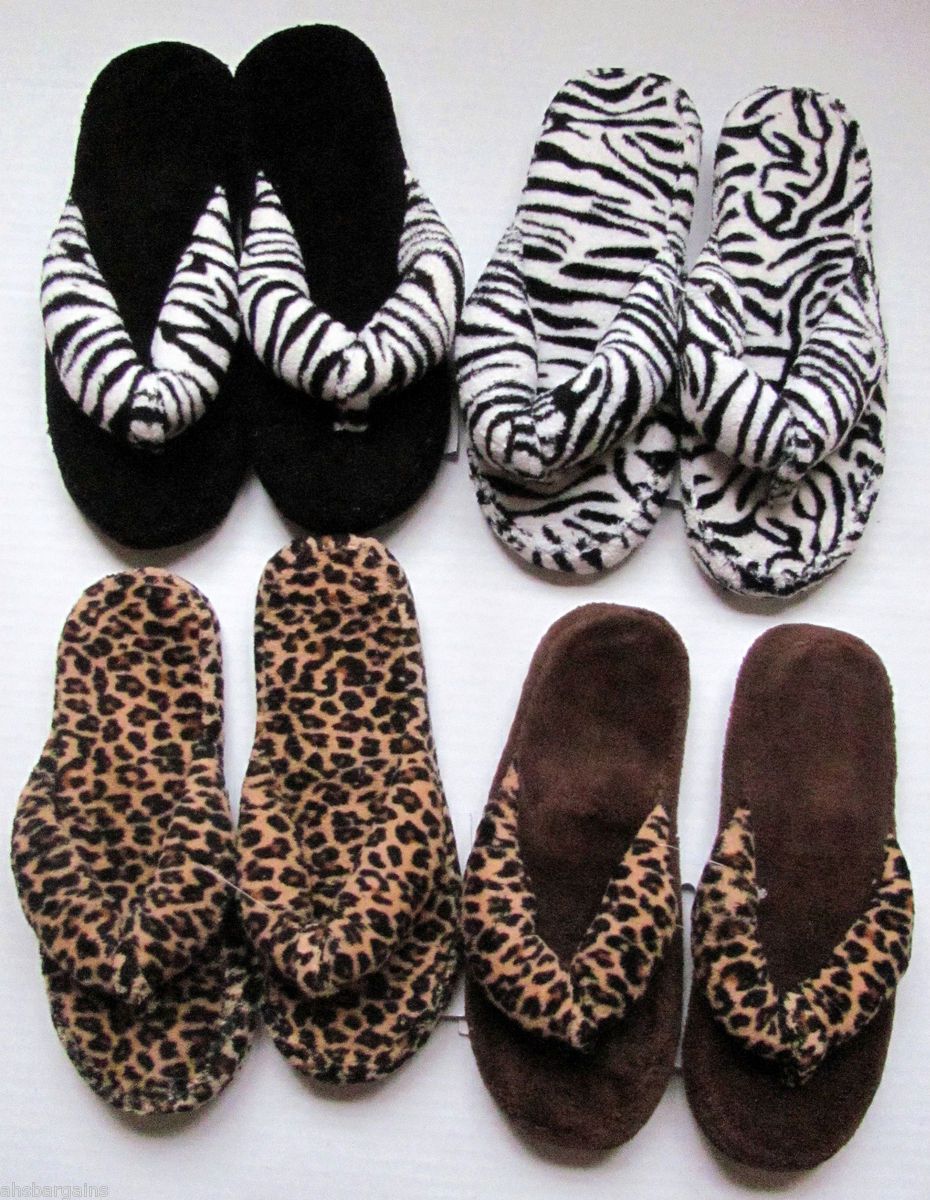 Ladies Animal Print Leopard Zebra Plush Thong Flip Flop Slippers