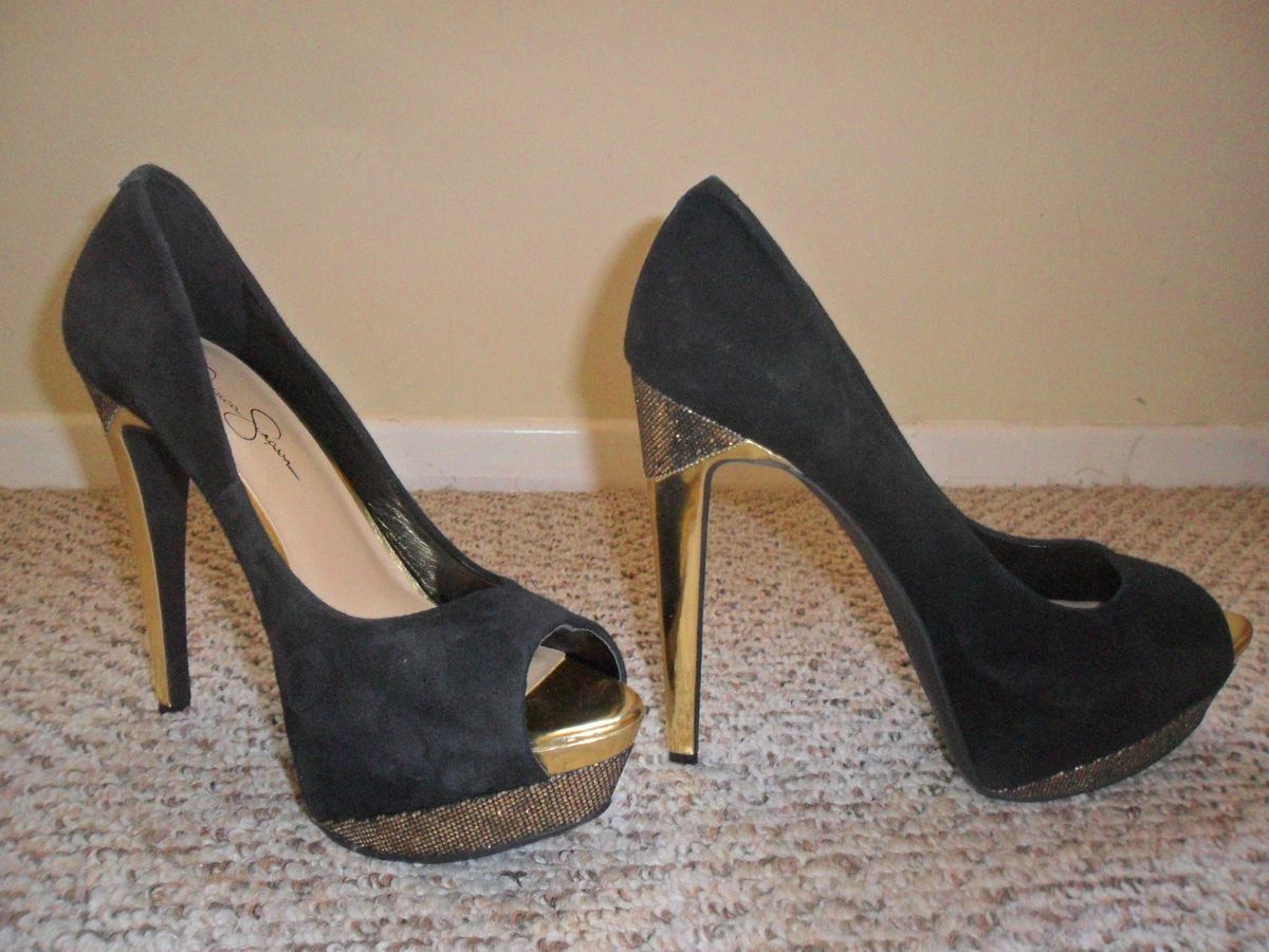 New Authentic Jessica Simpson Suede Black and Gold Heels Size 7 5