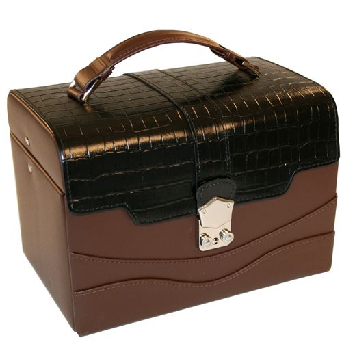 Leather Expresso Croco Trim Lock Jewelry Box with Matching Travel Case