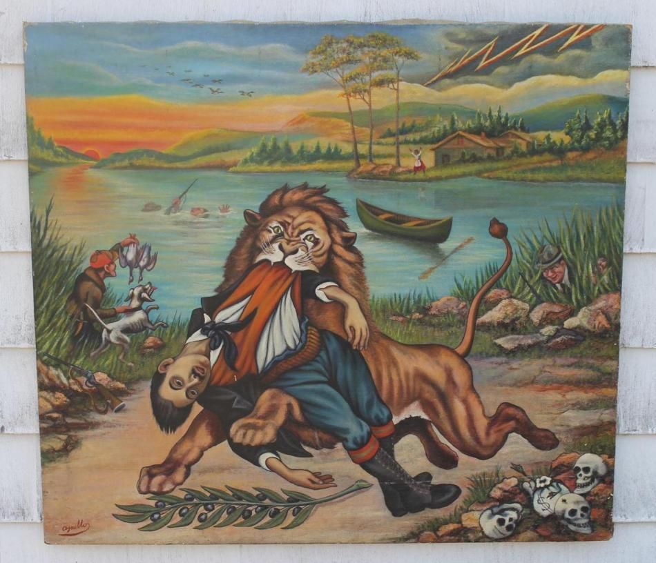 Vintage John Agnello Surrealist Folk Art Oil Painting African Lion