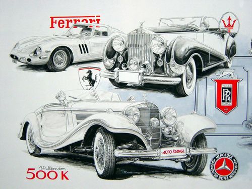 Famous Artists Paintings Print on Canvas Sketches Antique Car Ferrari and Benz 5  