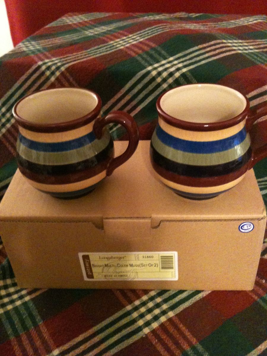 Longaberger Woven Traditions Pottery Bright Multi Color Stripe Mugs