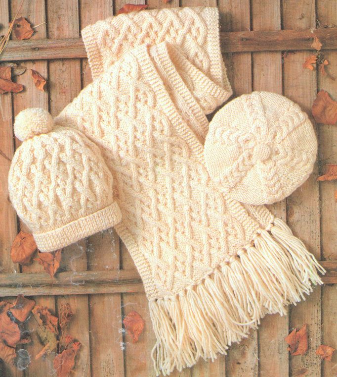 Aran Scarf Beret Hat Knitting Pattern Adult or Child