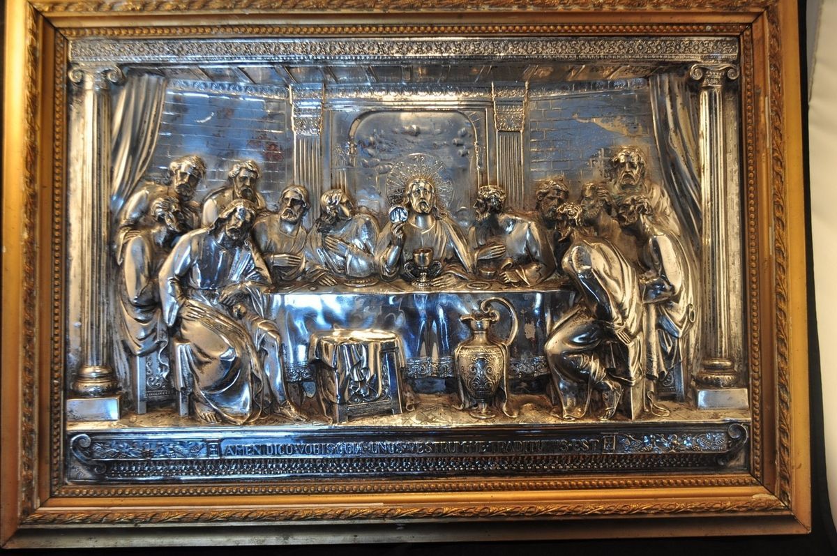 Antique Framed High Relief Last Supper Silver Over Copper – Signed
