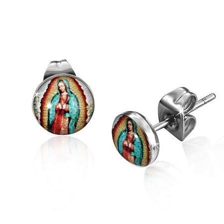  Stainless Steel Lady Of Guadalupe Virgin Mary Logo Stud Earrings LEV