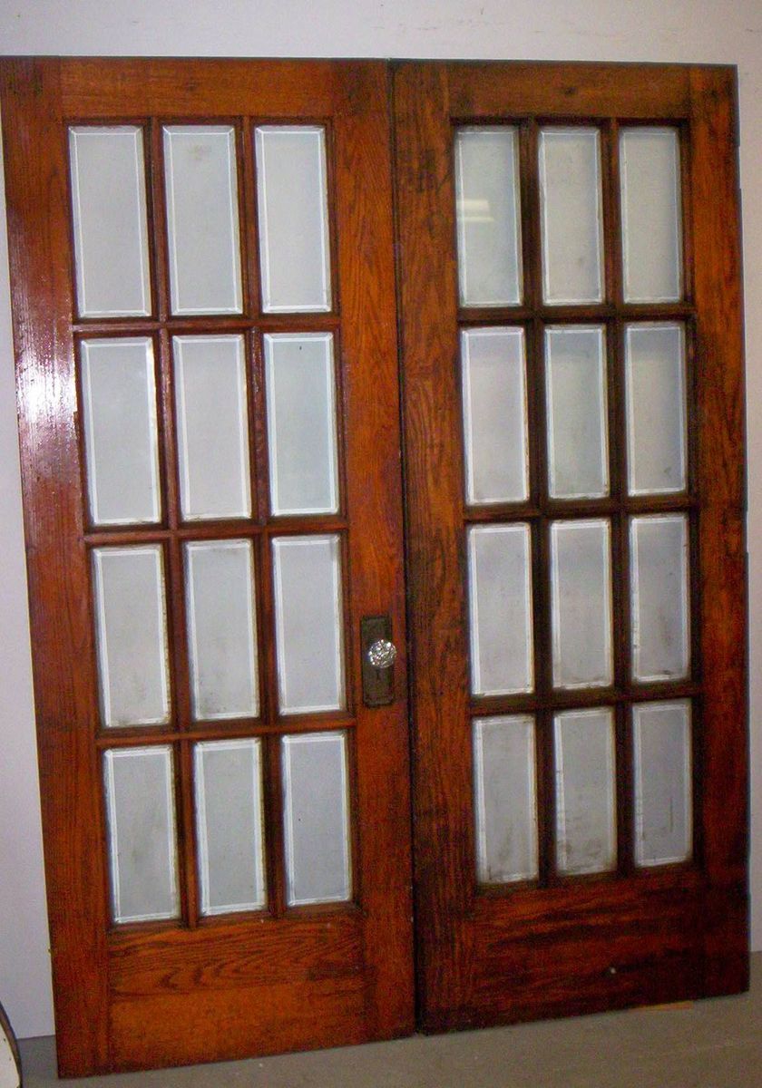 Antique Oak 12 Light Beveled Glass French Doors c1916 60 x 81