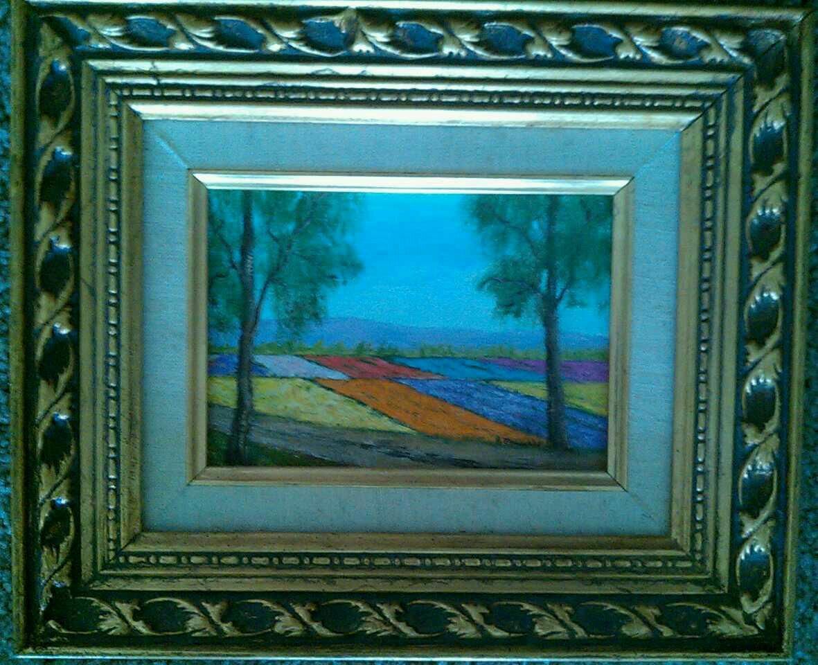 Lompoc CA Flower Fields Oil Canvas Painting w Antique Frame