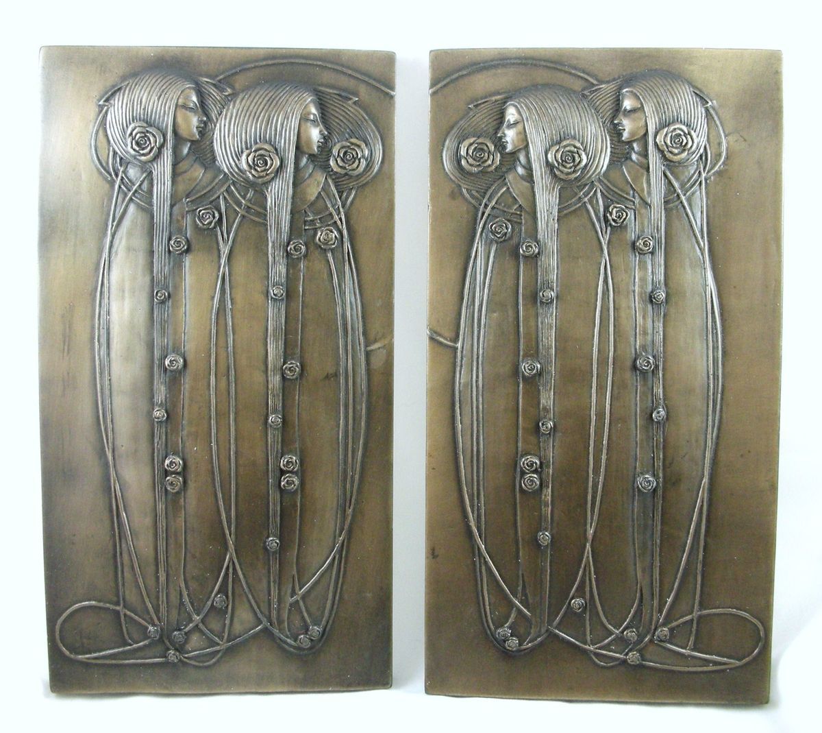 Pair Rennie Mackintosh Wall Plaques Art Nouveau Bronzed Deco New 01599