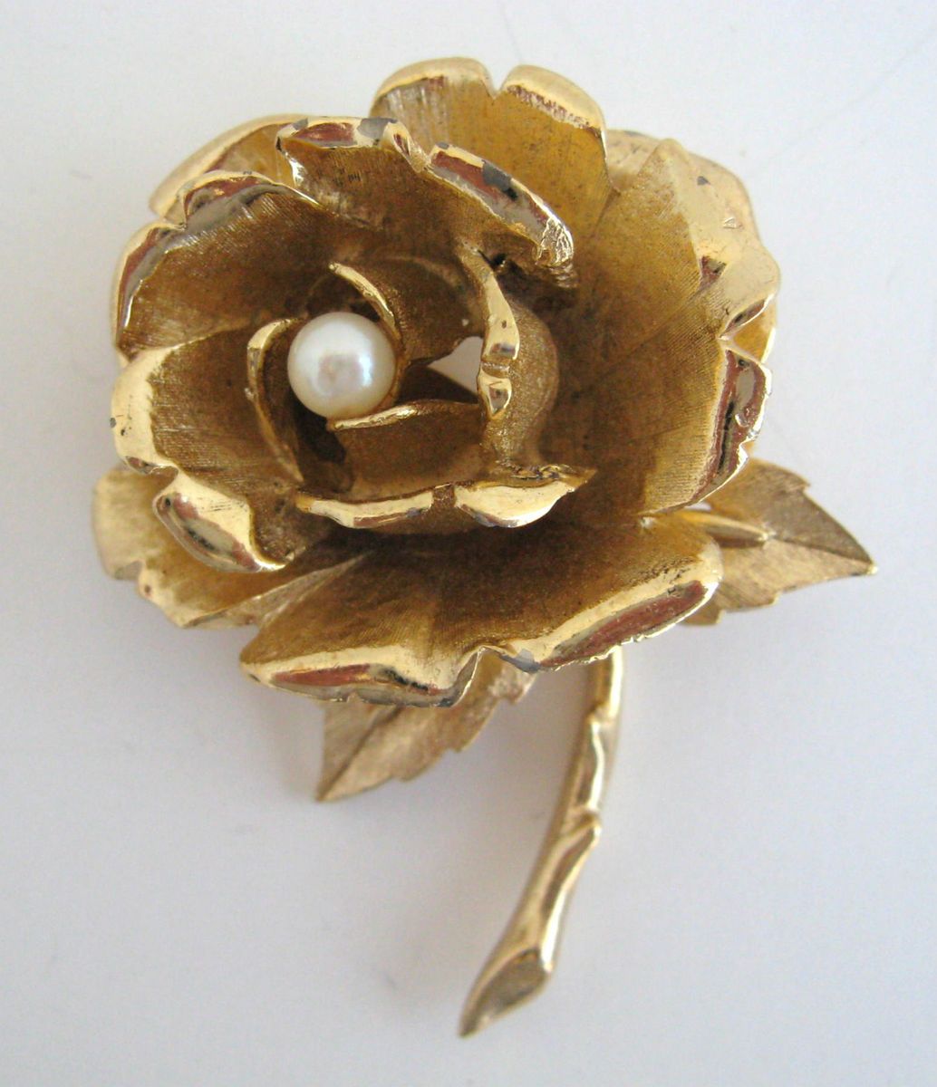 MARCEL BOUCHER PIN GOLD TONE PEARL VINTAGE 3D ROSE BROOCH SIGNED