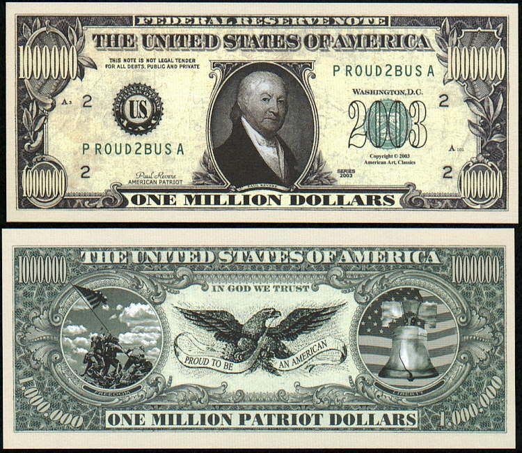 Millon Dollar Patriot Note w Revere Lot of 2 Bills
