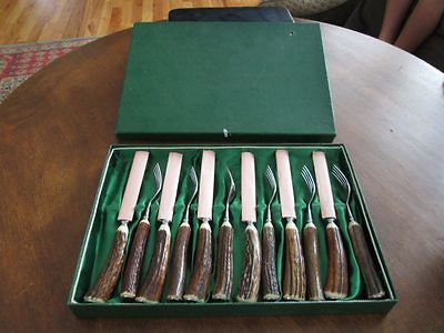 UNUSED Vintage Anton Wingen GERMANY 12 Stag Steak Knife Knives/Forks