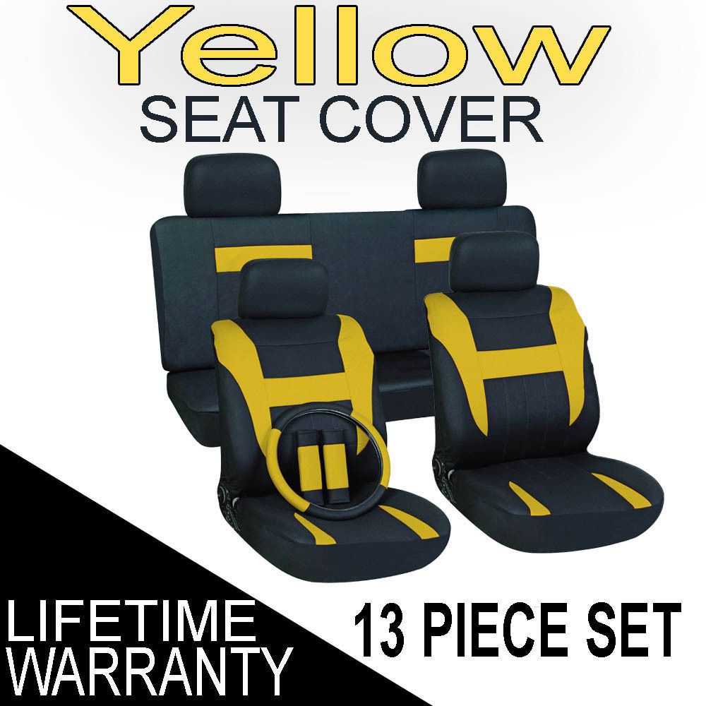 Yellow Black Auto Car Seat Cover FREE Steering Wheel Belt Pad Head Re