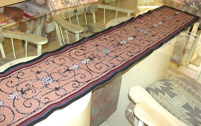 TAN SCROLL TAPESTRY 117 x 13 TABLE RUNNER, MANTLE SCARF, bed scarf