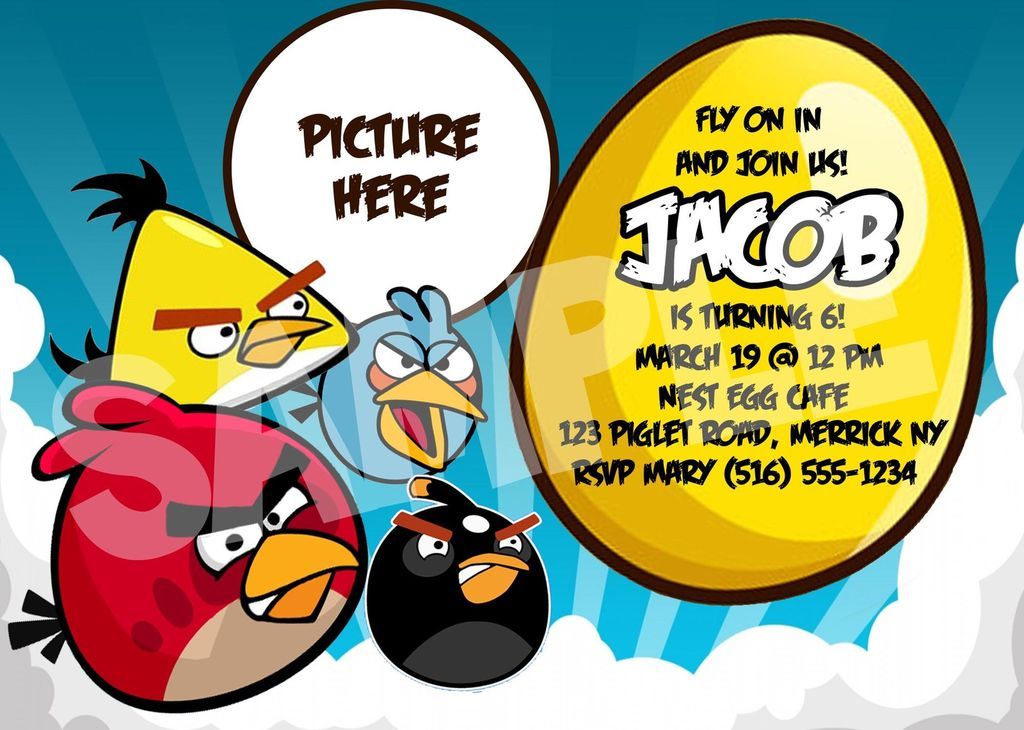 ANGRY BIRDS INVITATION WITH PIC YOU PRINT   24 HR SERVICE   4x6 or