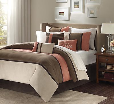 BEAUTIFUL 7 PC MICRO SUEDE WARM CORAL & BROWN QUEEN COMFORTER BED SET