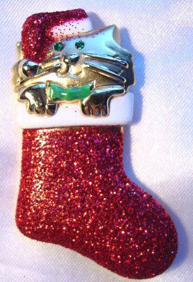 AJC Vintage CAT in a RED GLITTER Christmas Stocking PIN/Brooch,fjt