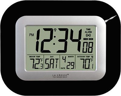 LA CROSSE DIGITAL ATOMIC WALL CLOCK BLACK IN and REMOTE OUT TEMP NEW $