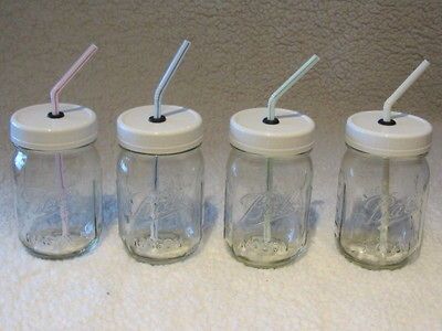 one white lid mason jar party drinking glass cup with straw