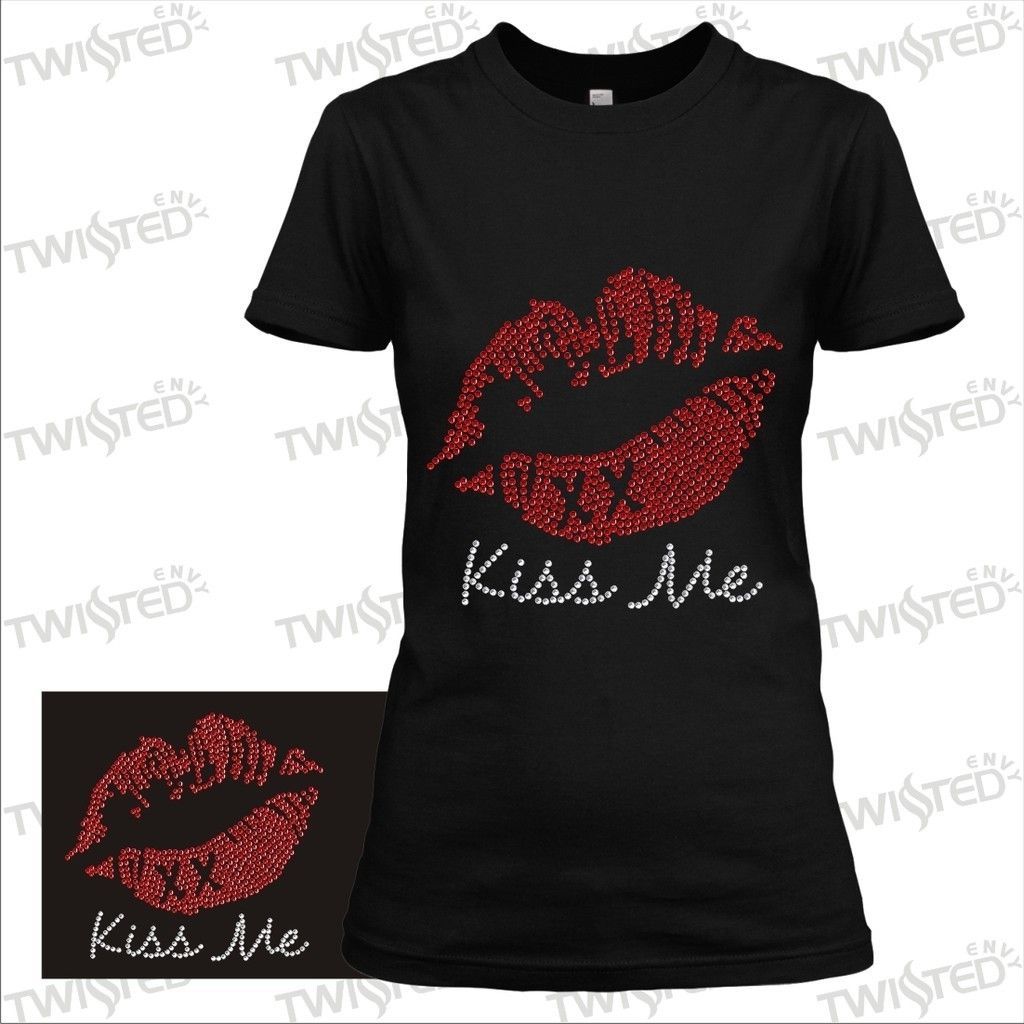 RHINESTONE KISS ME RED LIPS DIAMANTE T SHIRT   LADIES ADULT SIZE 10 16