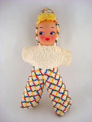 VINTAGE TOY STUFFED ANIMAL DOLL BABY RUBBER FACE PLAID SUIT CLOTHES