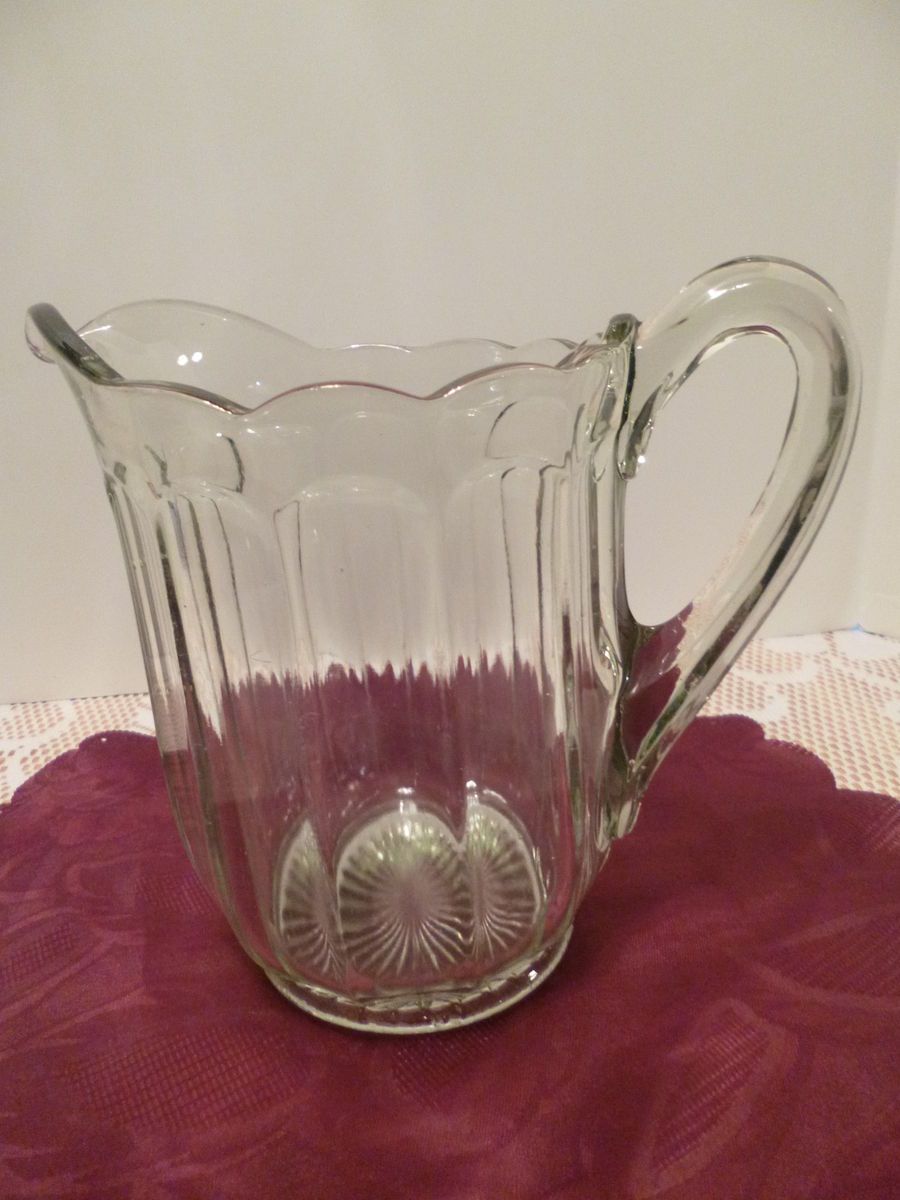  Antique EAPG Clear Glass Pitcher Panels Scrolled Rim Star Bottom